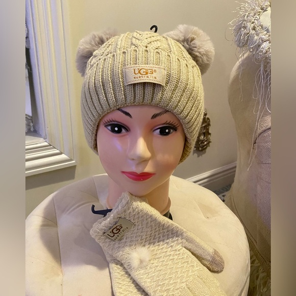 UGG Accessories - UGG Cream Double Faux Fur Pom Pom Hat & Pom Tech Glove Set
